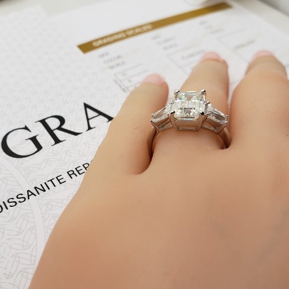 14K White Gold Trilogy 3 Carats Emerald & Tapered Moissanite Engagement Ring - Picture 5 of 13
